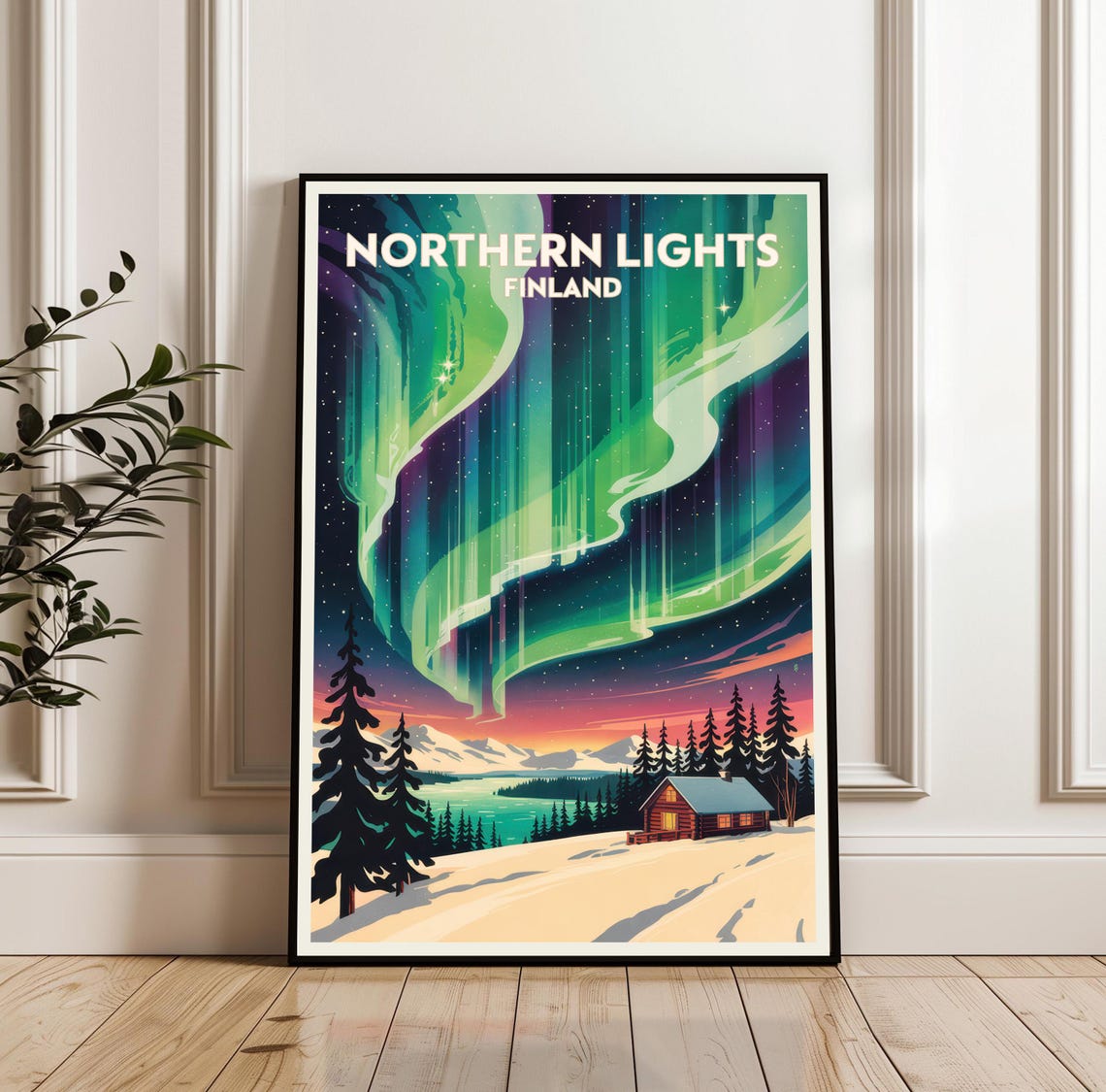 Northern Lights Finland Aurora Over Snowy Lake Cabin Night Poster