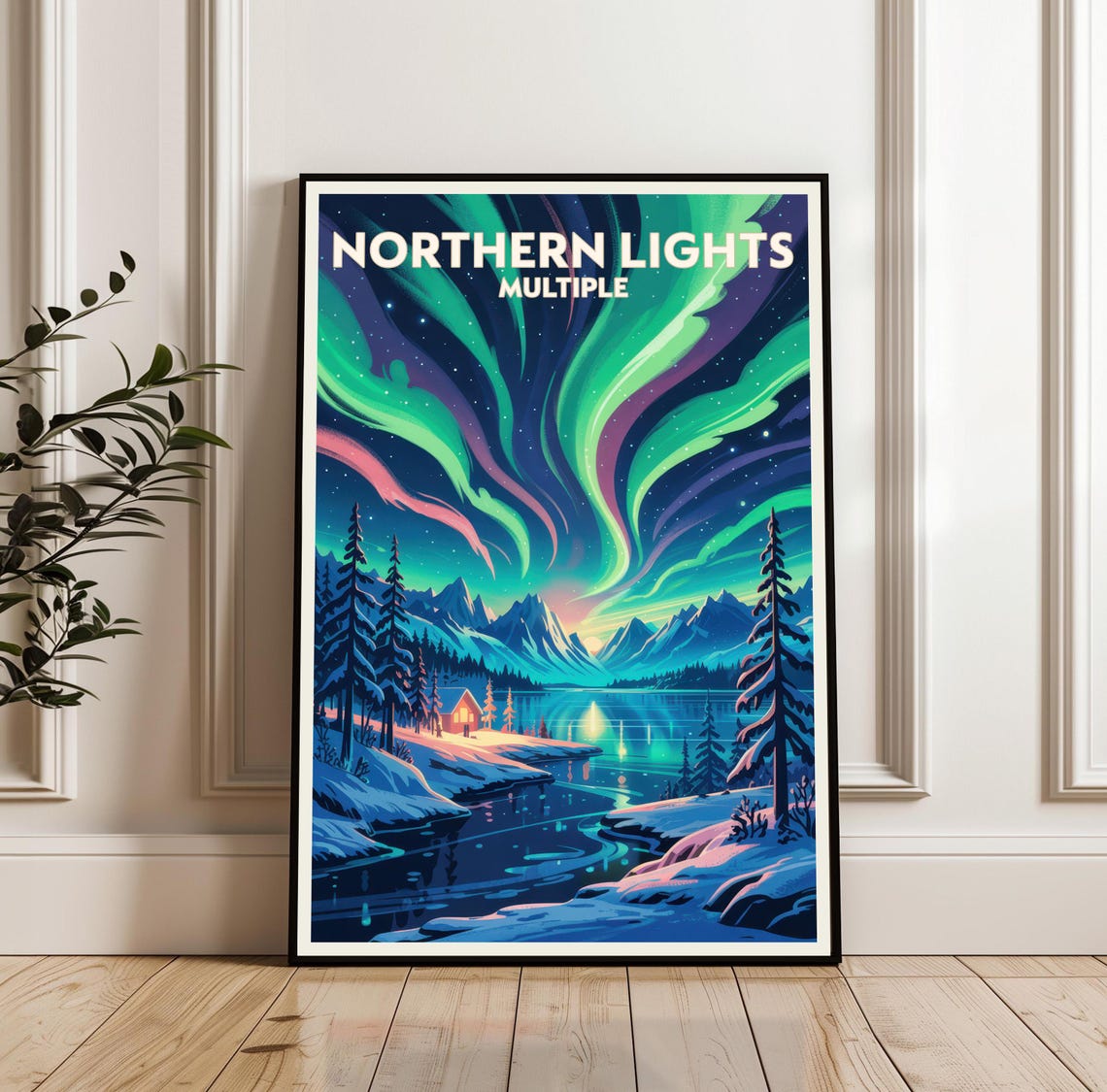 Northern Lights Multiple Aurora Cabin Night Sky Travel Poster