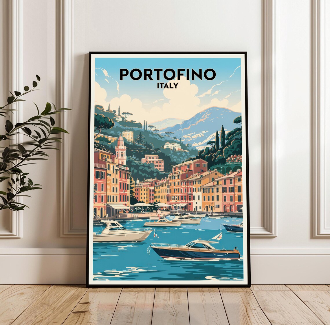 Portofino Italy Vintage Travel Poster Harbor Boats Coastal Village