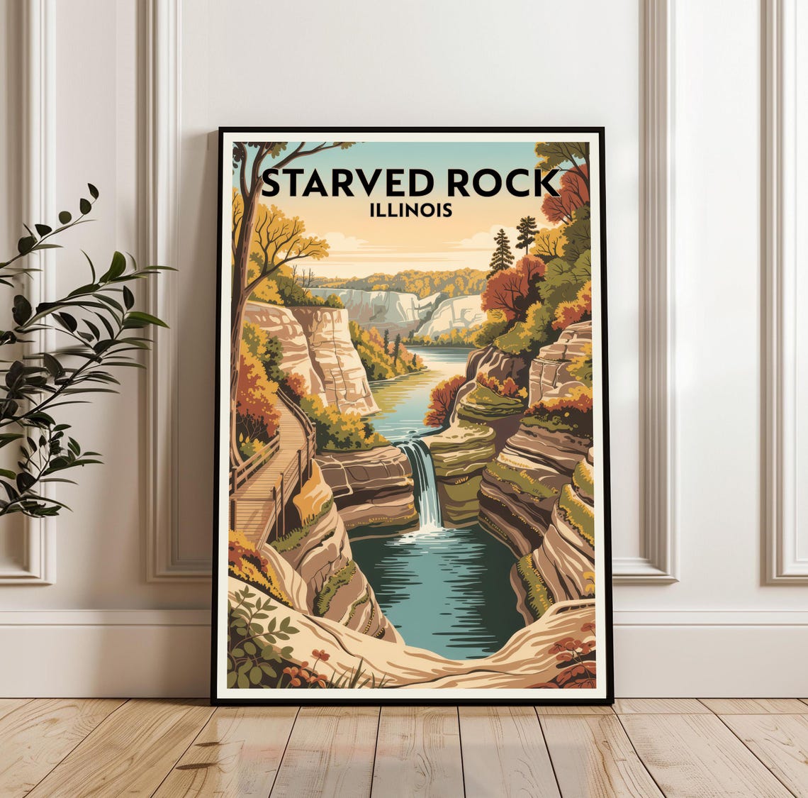 Starved Rock Illinois Waterfall Canyon Autumn Retro Travel Poster