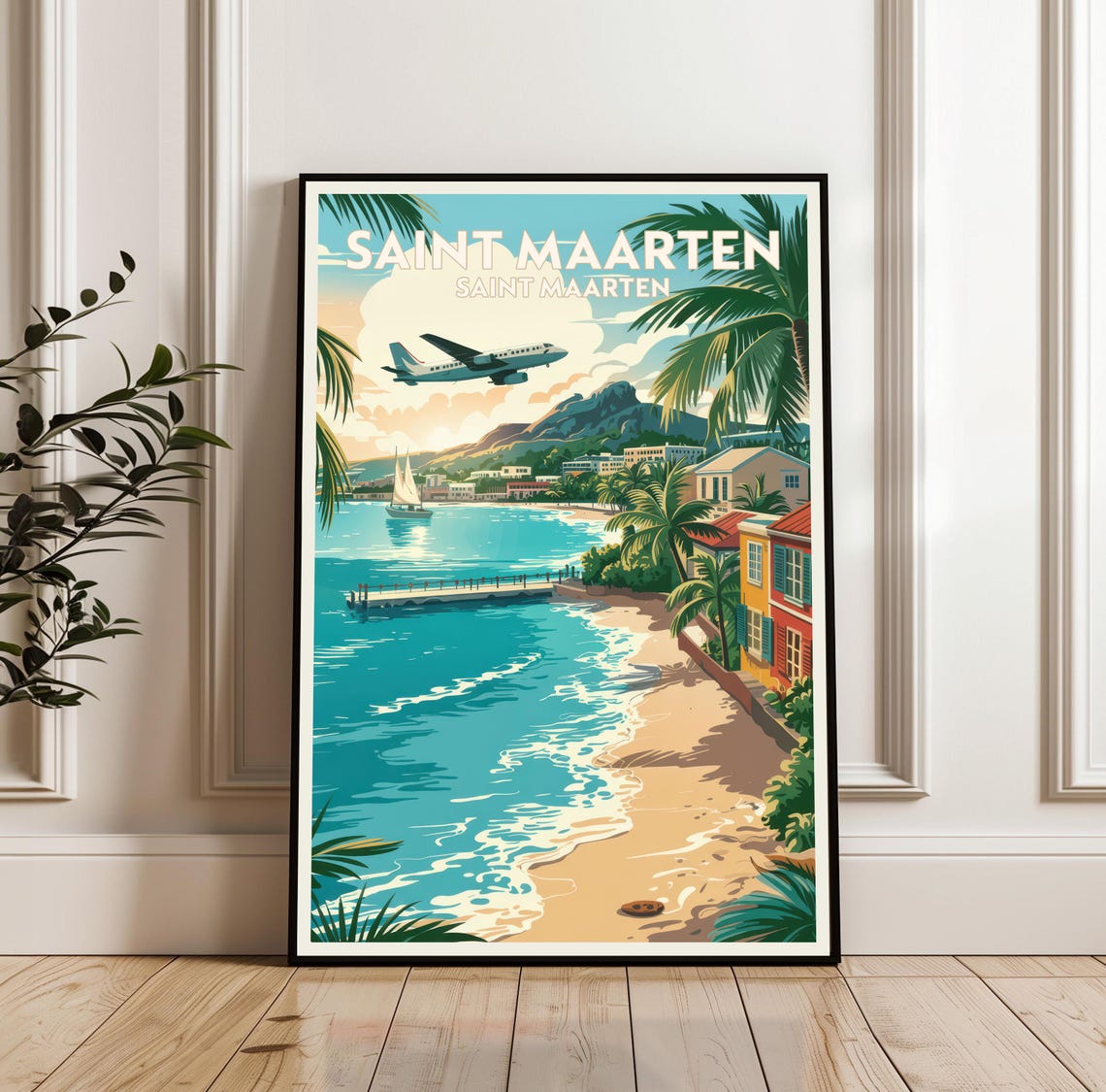 Saint Maarten Beach With Low Flying Plane Travel Poster Caribbean