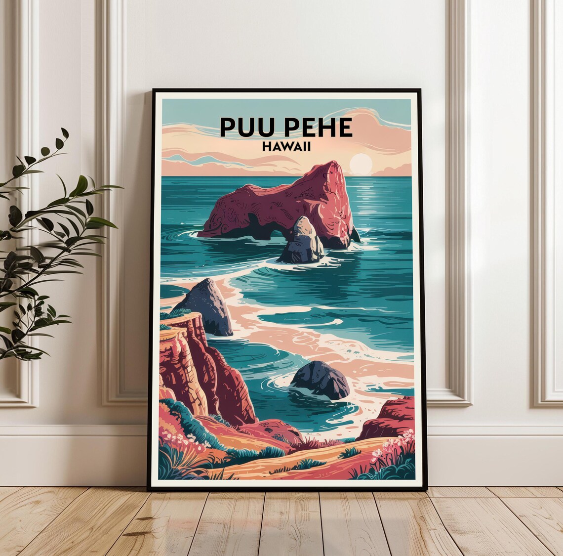 Puu Pehe Hawaii Sweetheart Rock Ocean Sunset Coastal Travel Poster