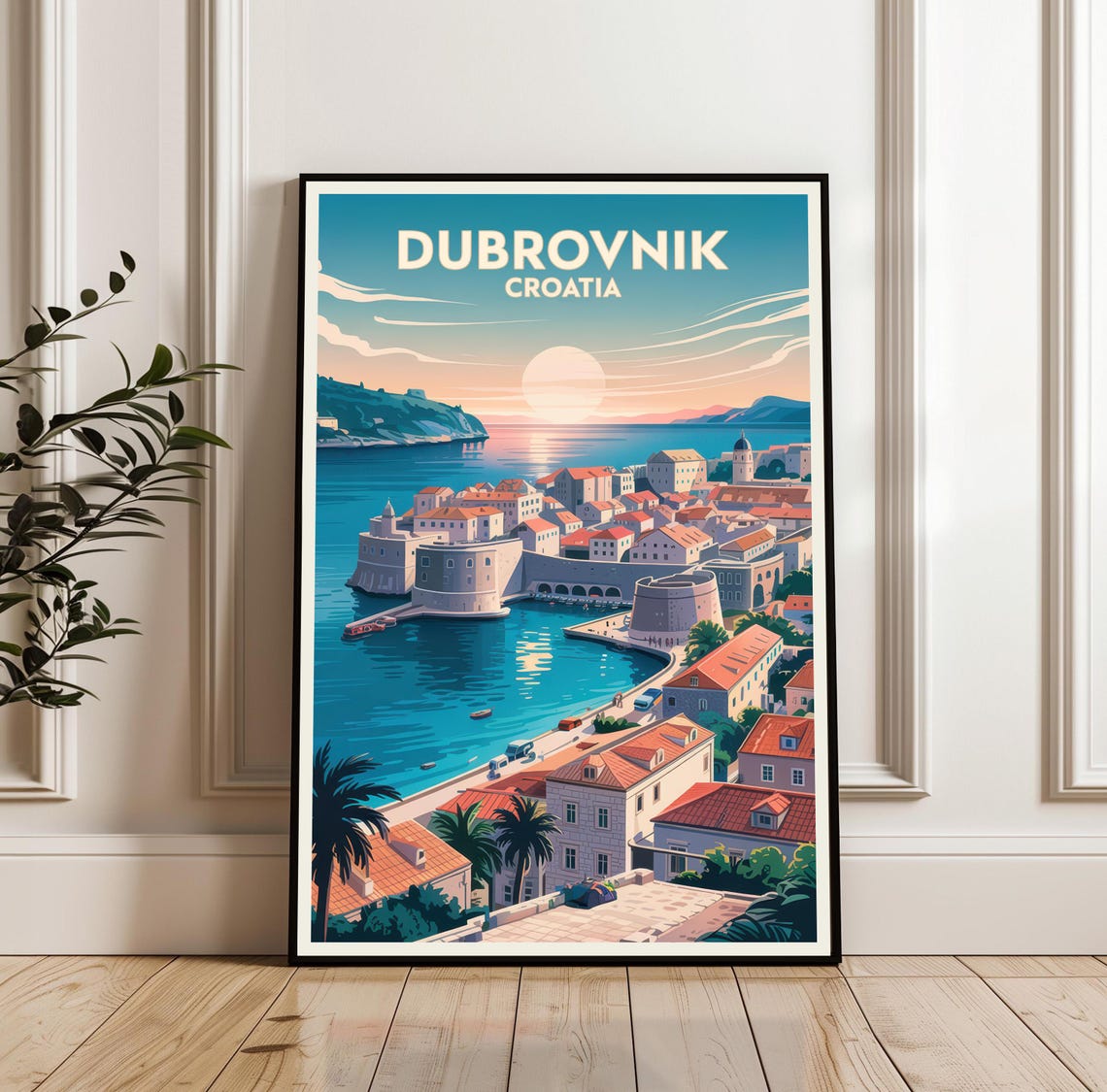 Dubrovnik Croatia Vintage Travel Poster with Old Town Harbor Poster