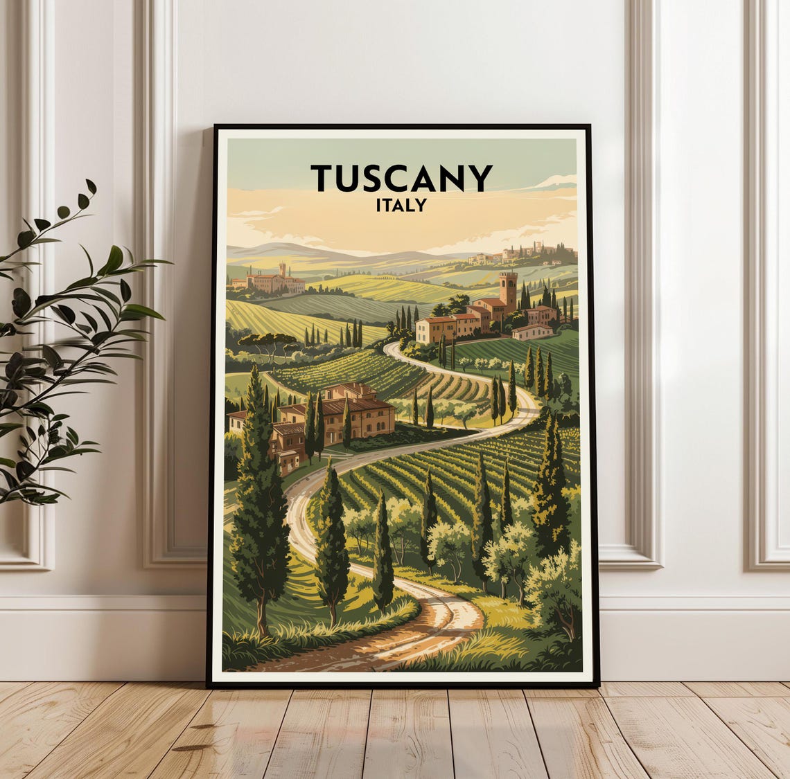 Tuscany Italy Rolling Hills Travel Poster Cypress Road Vintage Scene