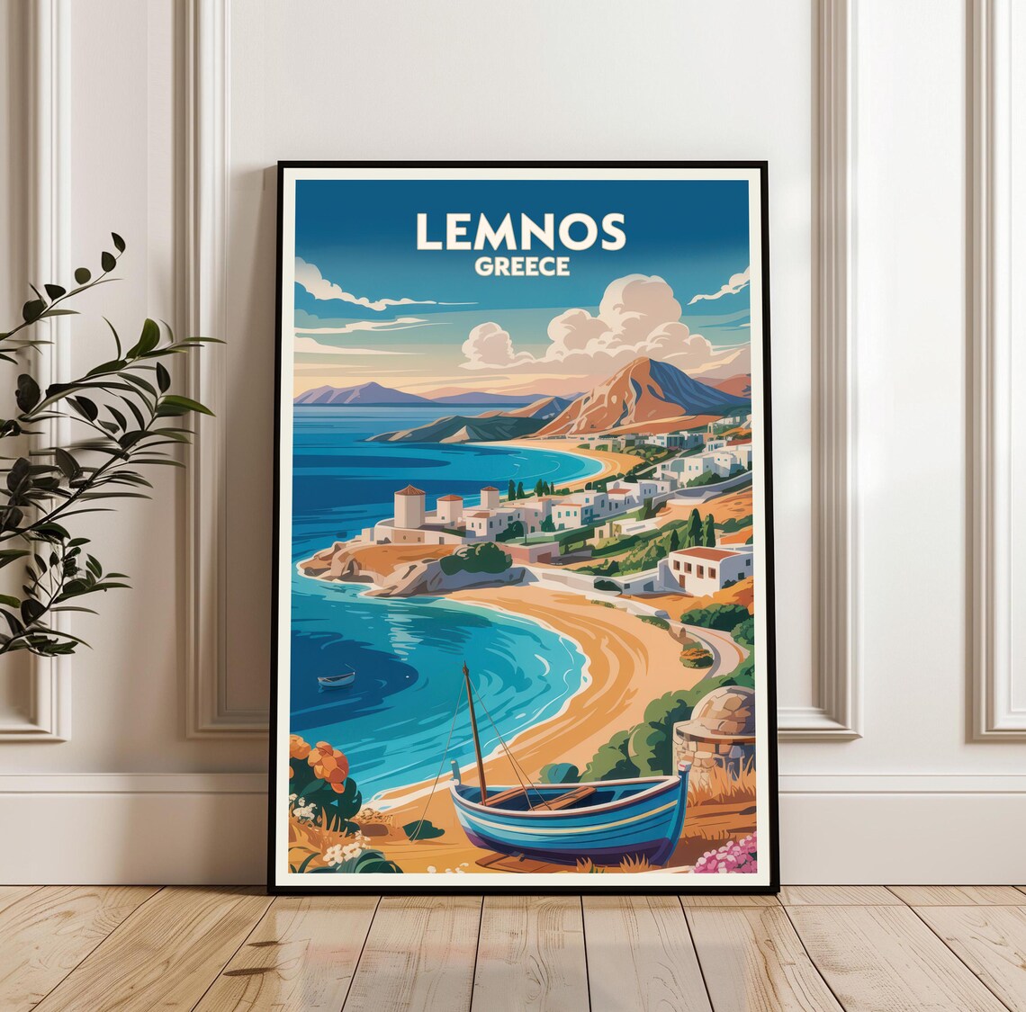 Lemnos Greece Sandy Bay Fishing Boat Seaside Retro Travel Poster