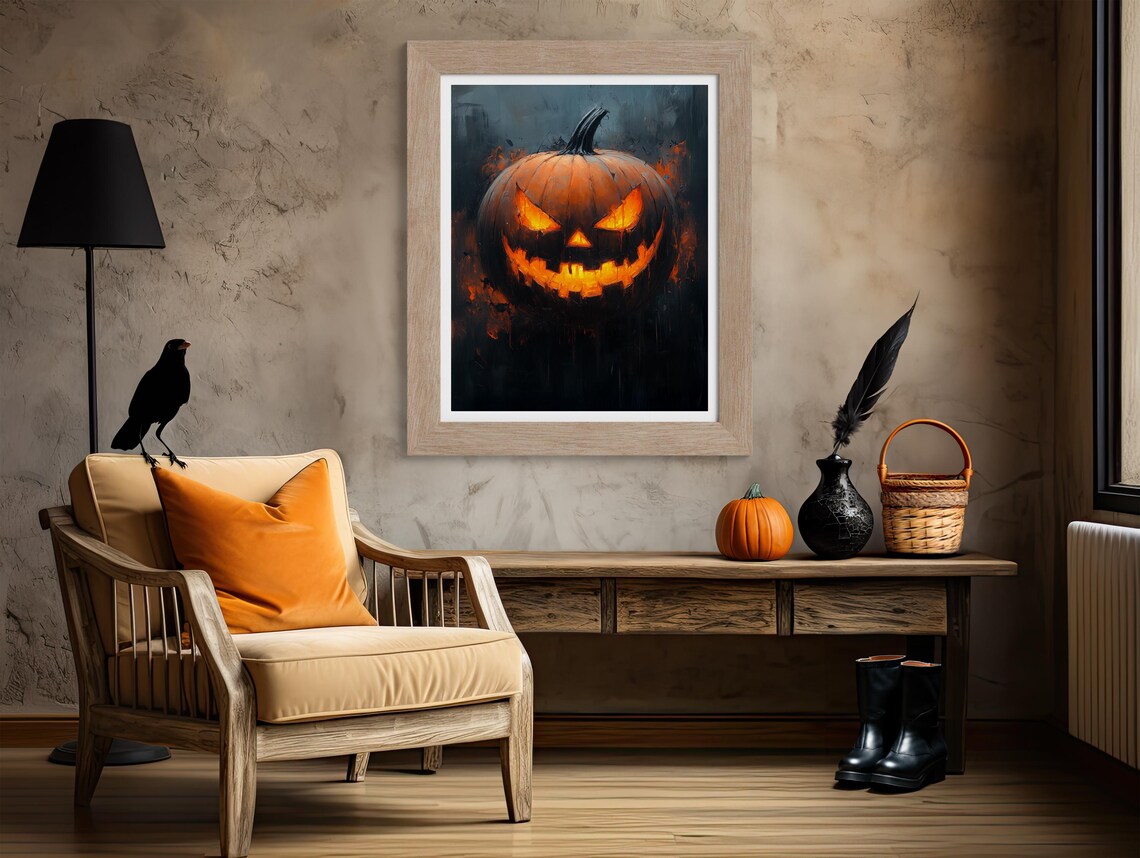 Glowing Jack-O-Lantern Pumpkin Spooky Halloween Night Oil Painting Poster - Image 4