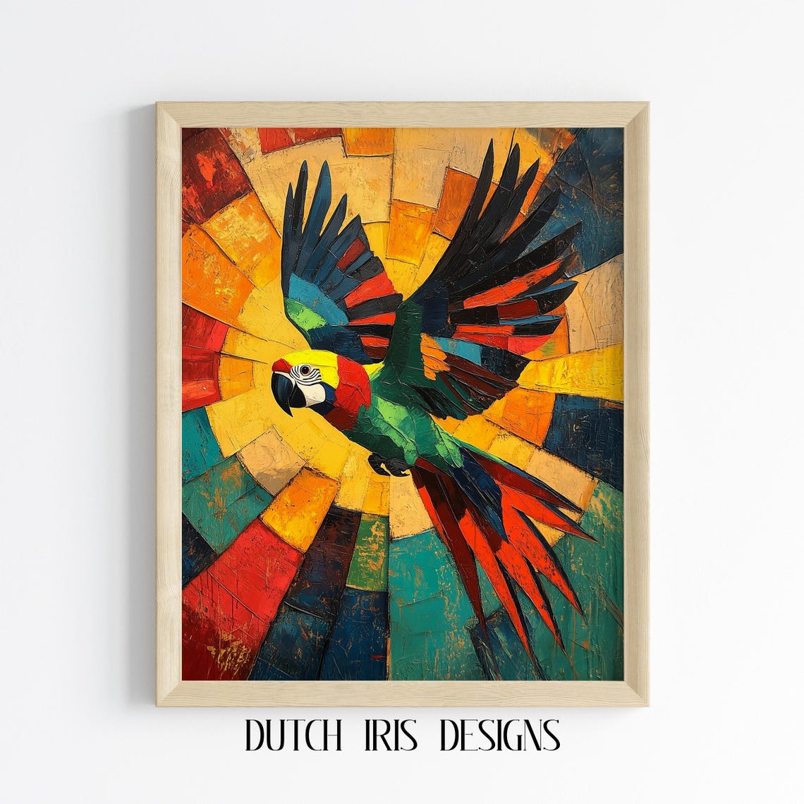 Colorful Abstract Parrot in Flight Cubist Style Bird Art Poster