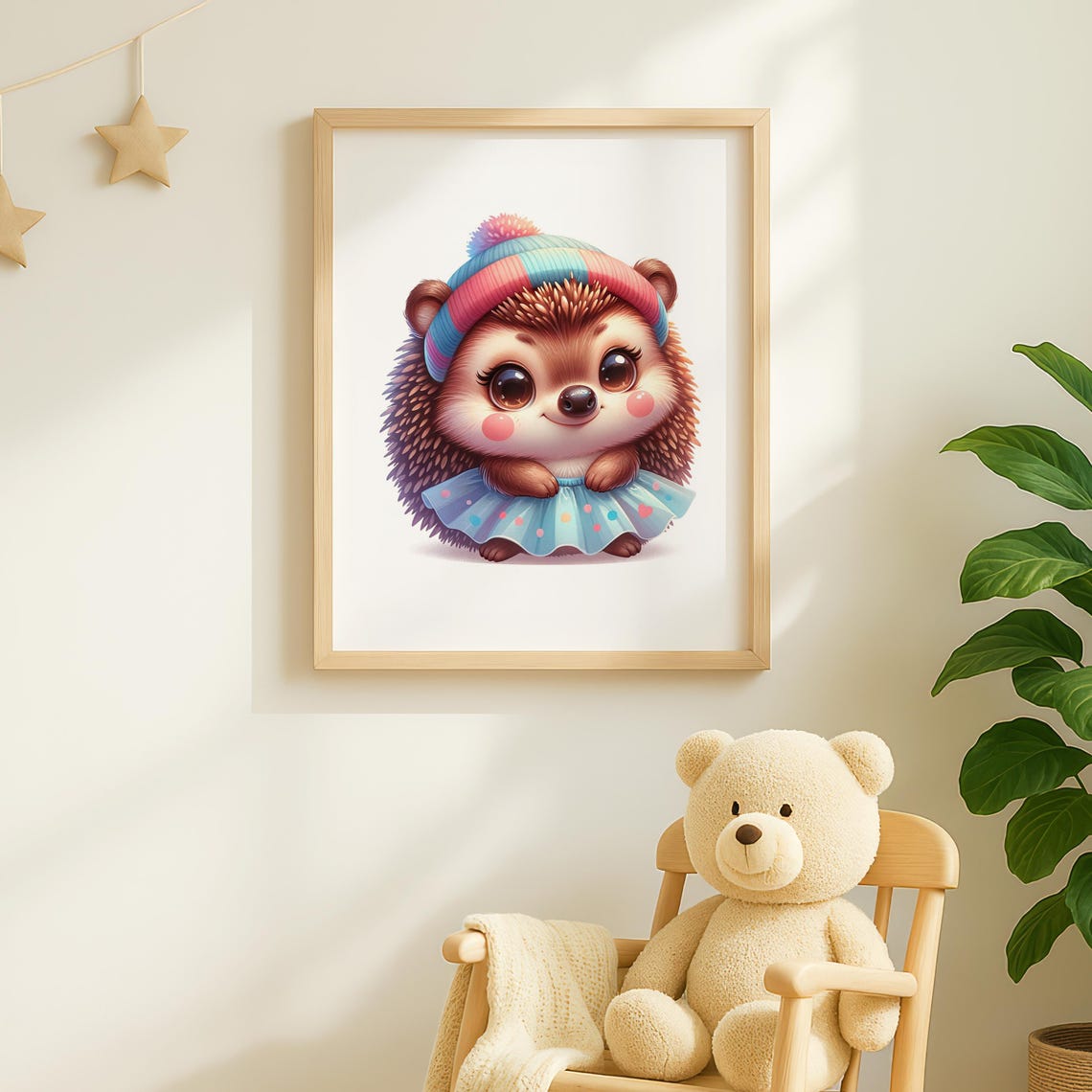Baby Hedgehog In Striped Beanie And Polka Dot Skirt Nursery Art Poster - Image 2