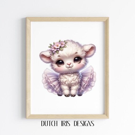 Sweet Baby Lamb In Lavender Tutu With Floral Headband Nursery Art Poster