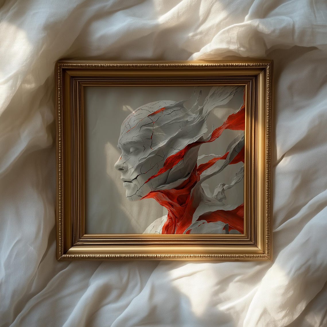 Cracked Marble Humanoid Profile With Flowing Crimson Fabric Art Poster - Image 2