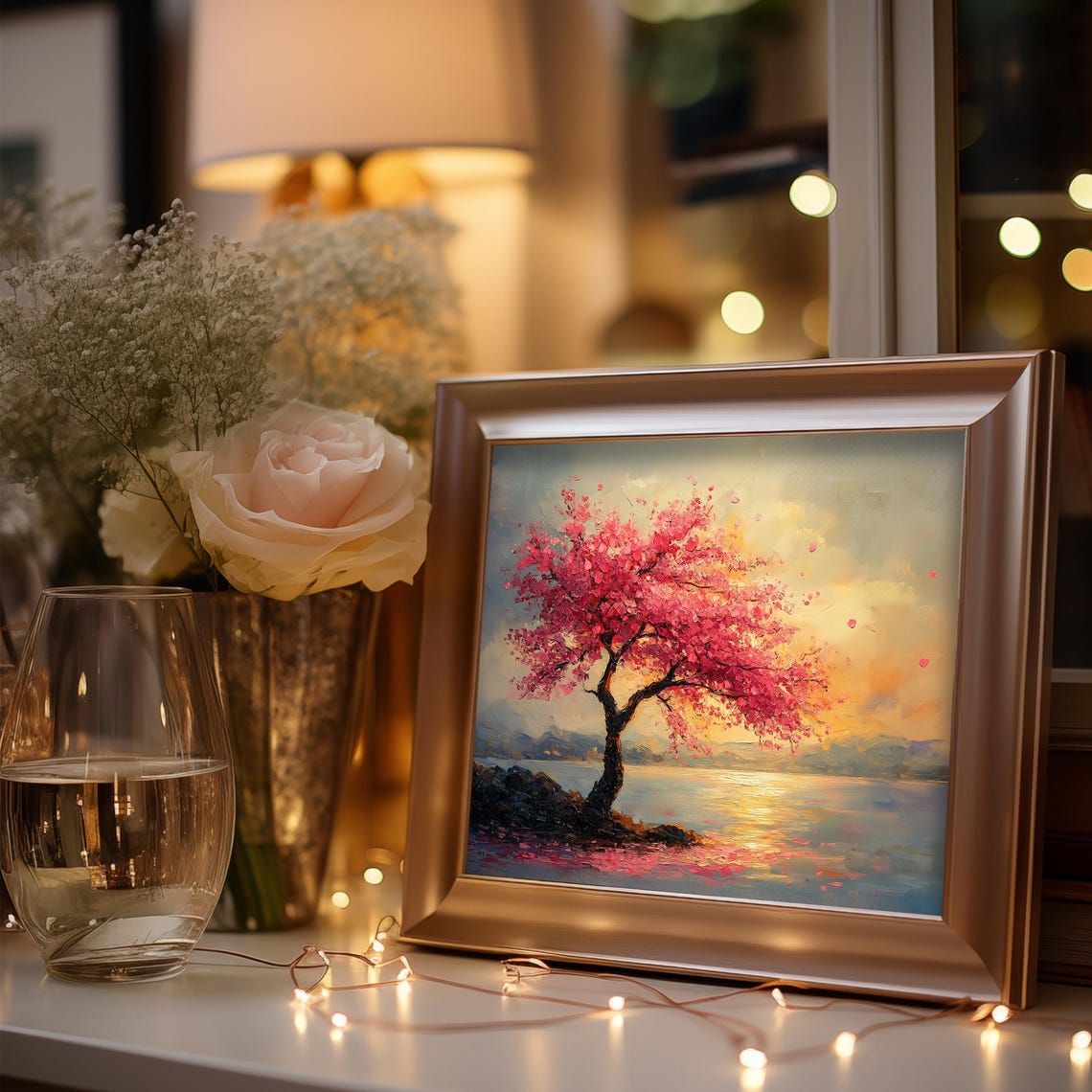 Cherry Blossom Tree By Calm Water At Golden Sunset Spring Art Poster - Image 3