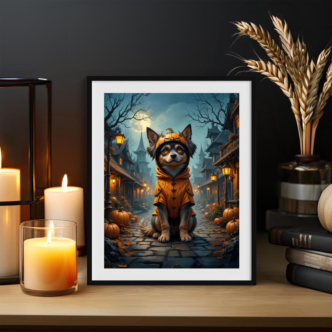 Halloween Dog in Pumpkin Costume Cozy Fall Night Scene Poster - Image 3