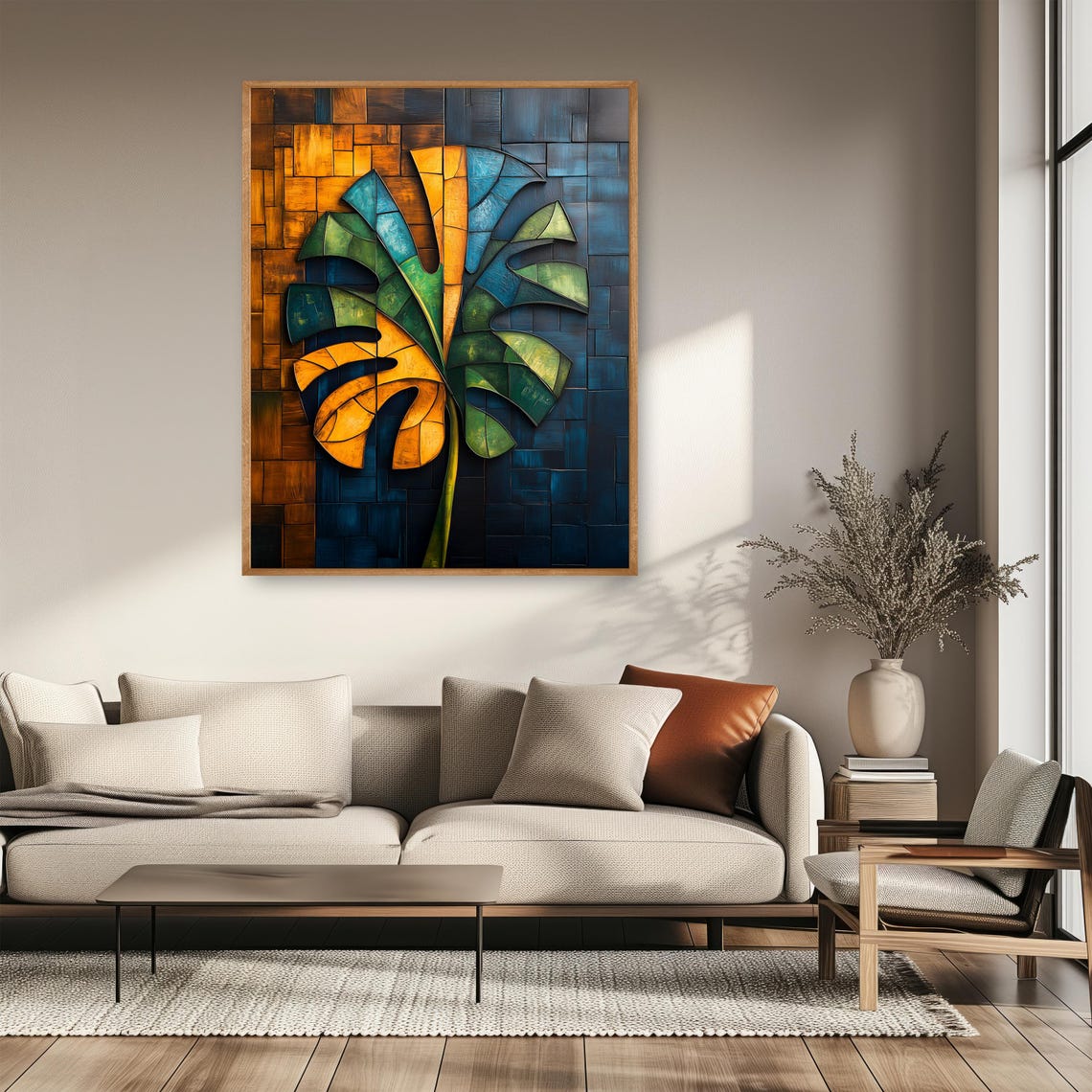 Cubist Monstera Leaf Mosaic Blue And Orange Tropical Decor Poster - Image 2
