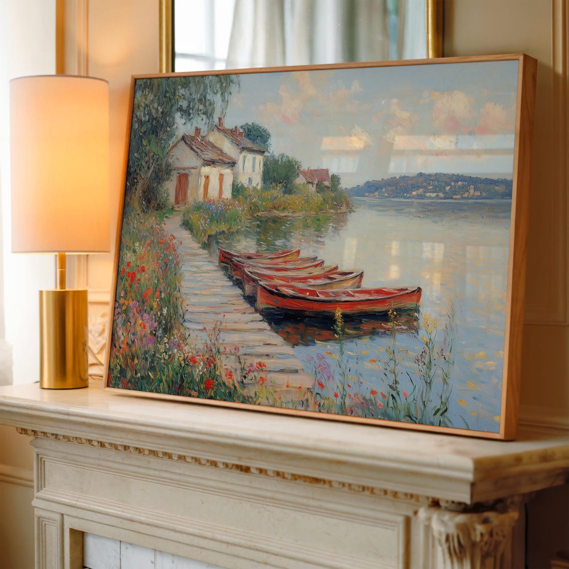 Tranquil Lakeside with Boats Impressionist Landscape Art Poster - Image 3