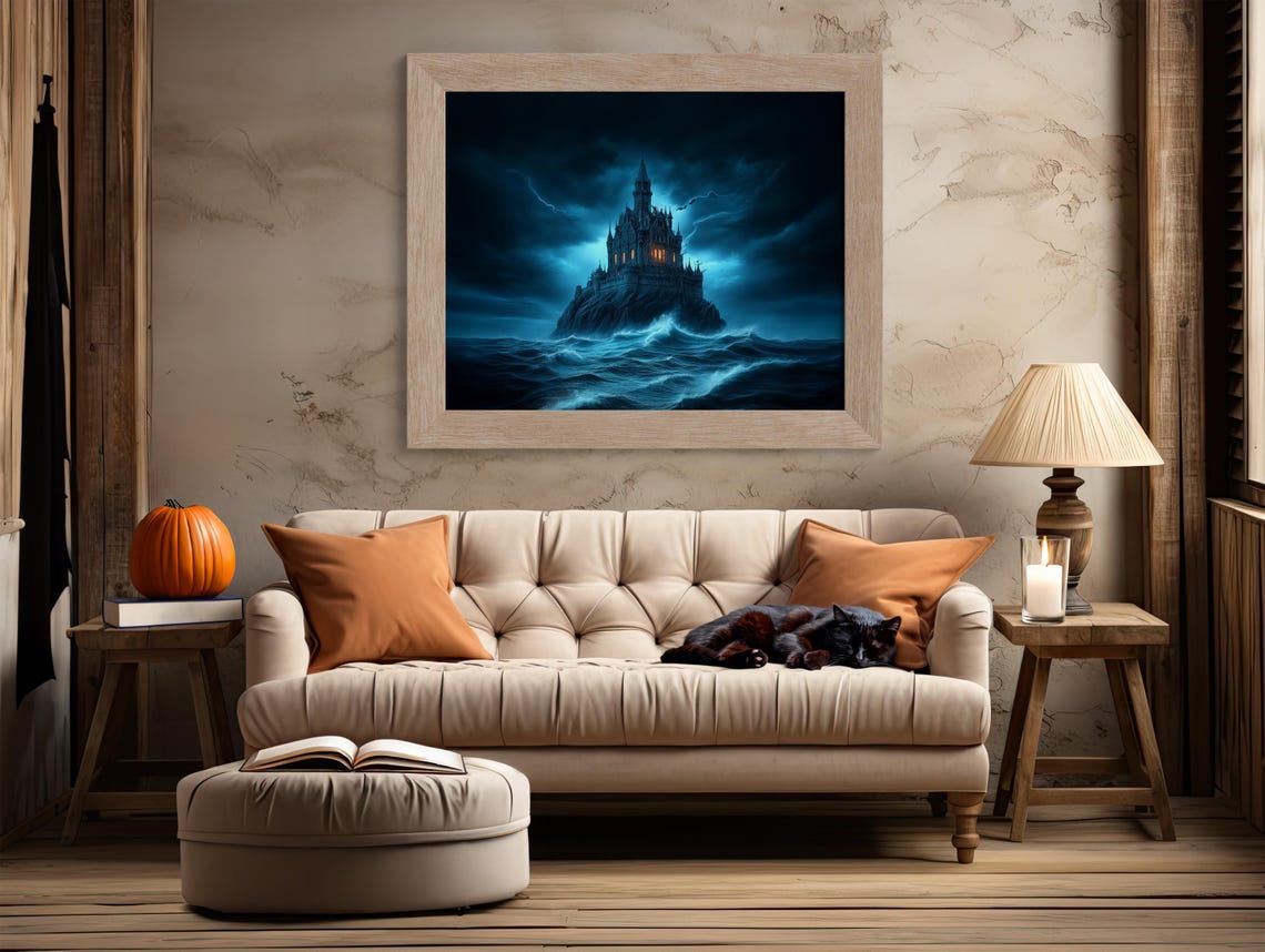Gothic Castle on a Rocky Island in a Stormy Sea Lightning Night Poster - Image 2