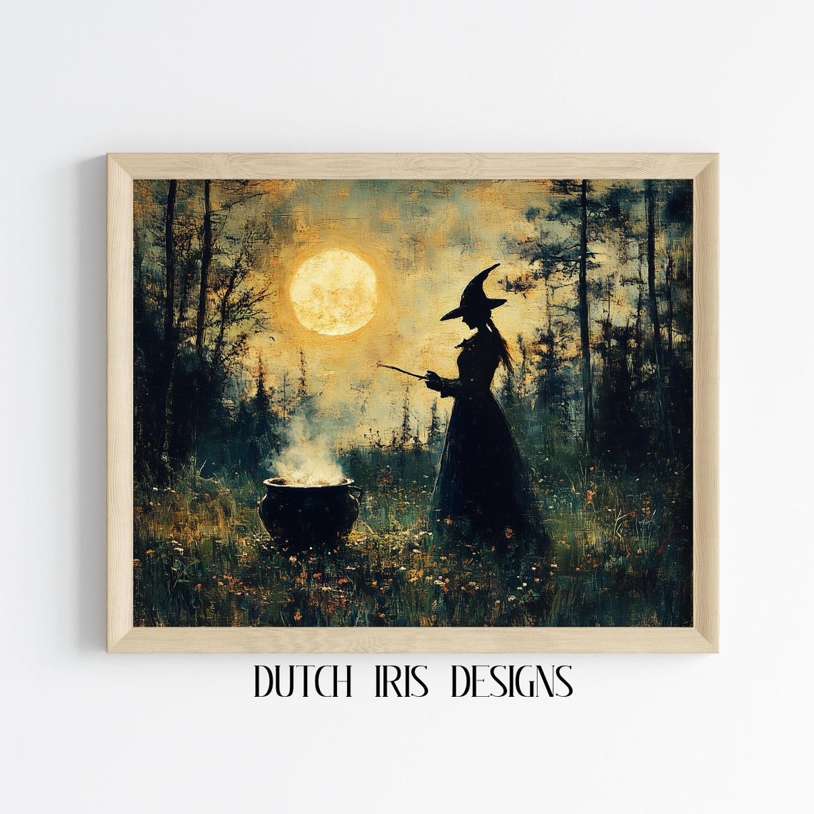Witch Silhouette With Cauldron Under Full Moon Night Forest Art Poster