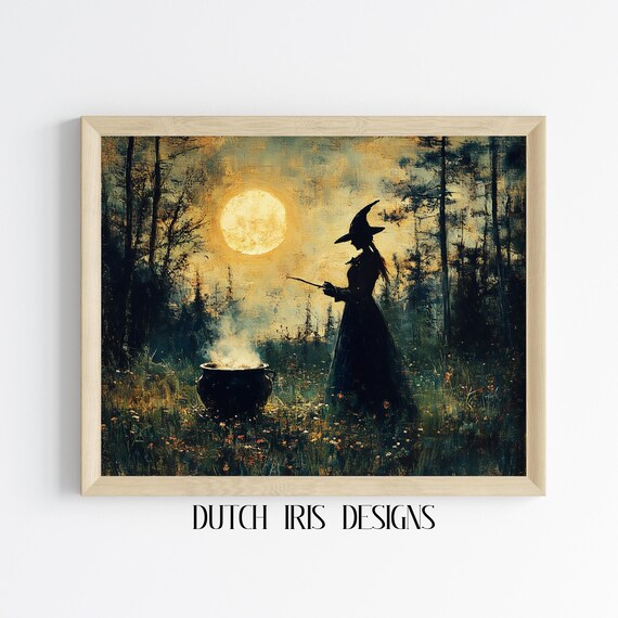 Witch Silhouette With Cauldron Under Full Moon Night Forest Art Poster