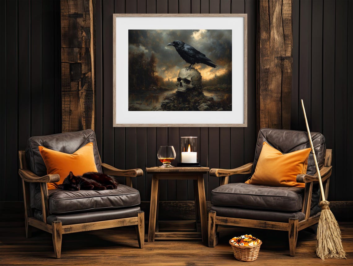 Moody Raven Perched On Human Skull Over Dark River Gothic Art Poster - Image 4