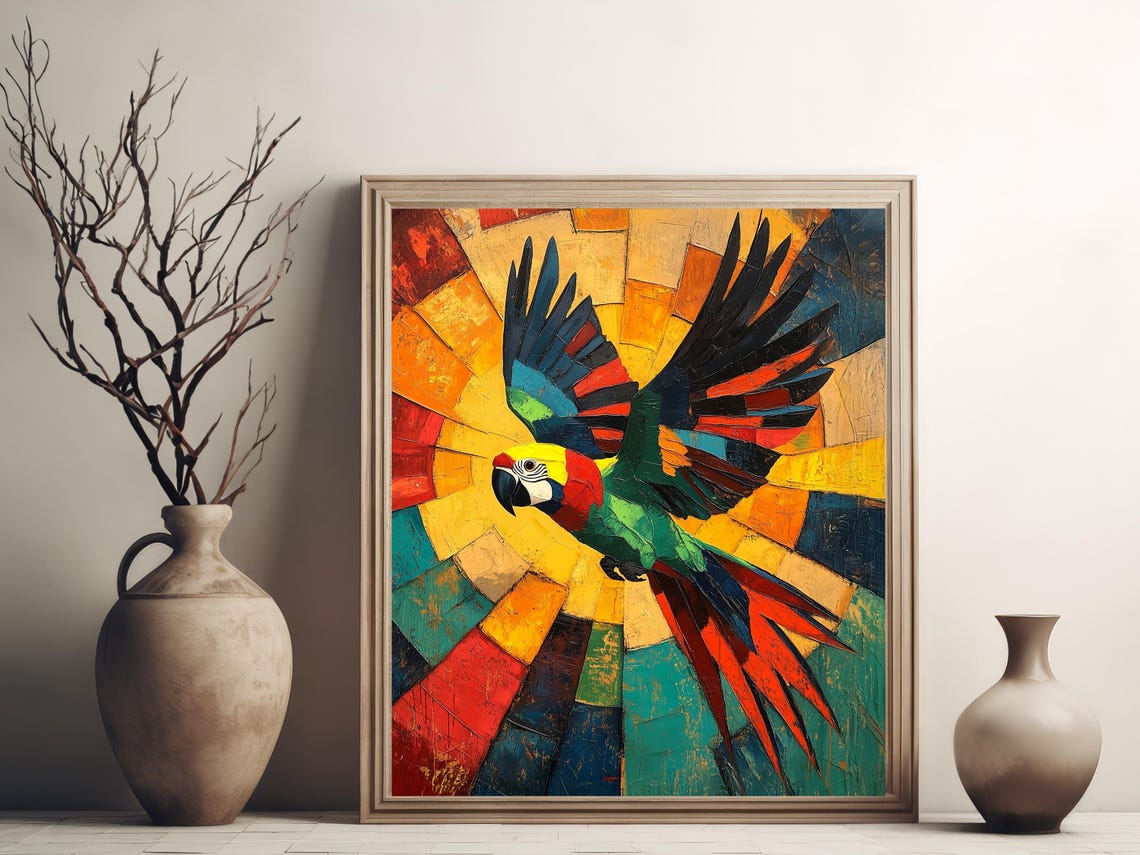 Colorful Abstract Parrot in Flight Cubist Style Bird Art Poster - Image 3