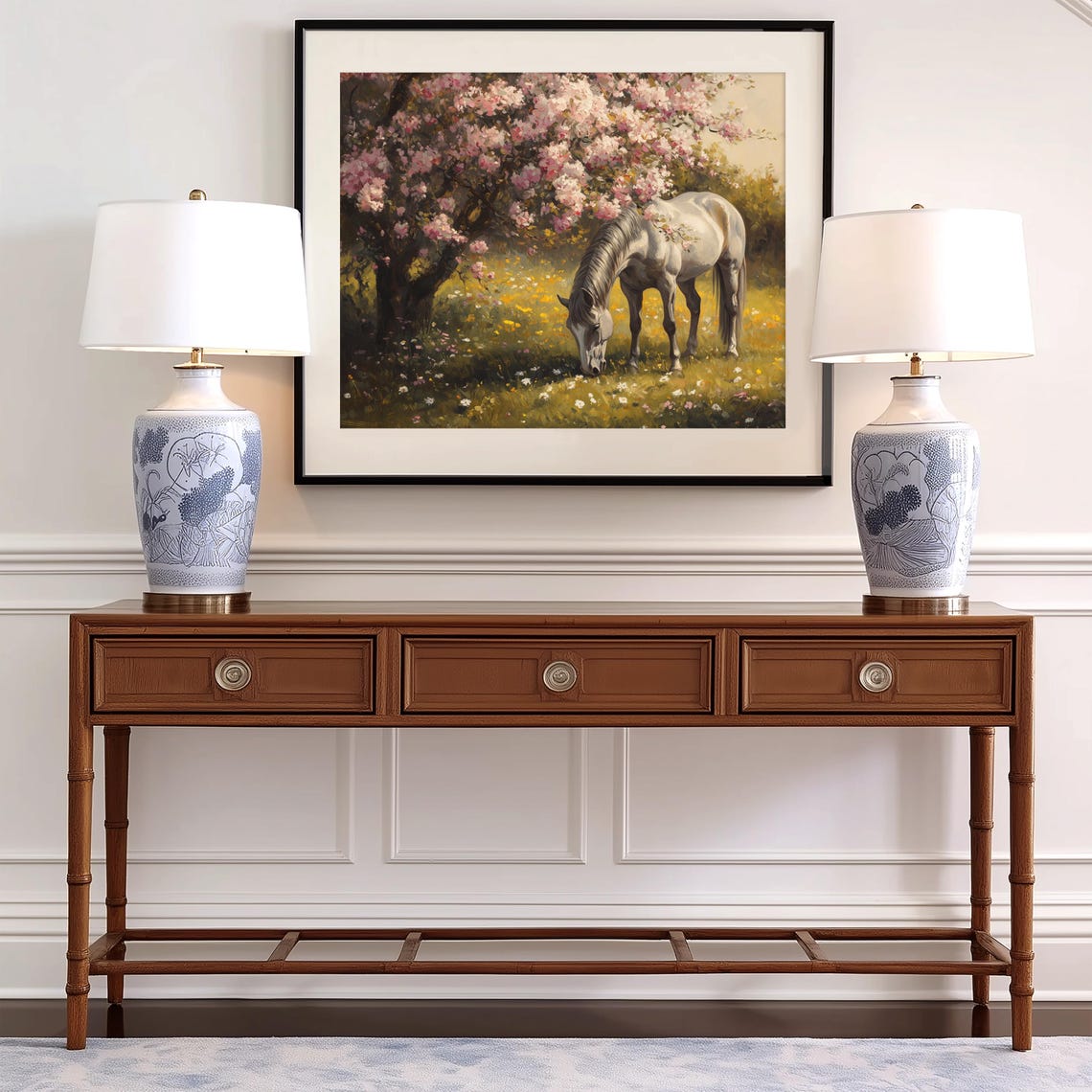 White Horse Under Blossom Tree Spring Meadow Oil Painting Poster - Image 2