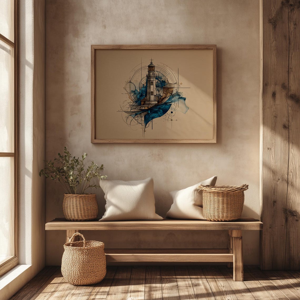 Lighthouse With Blue Waves Circular Blueprint Nautical Poster - Image 4