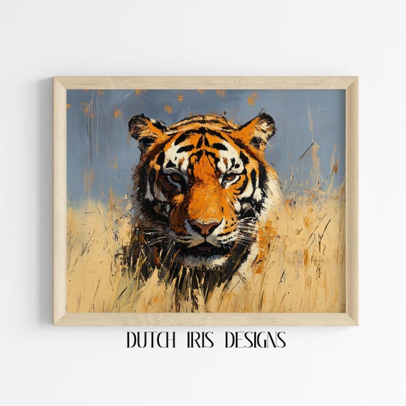Bold Tiger In Grassland Wall Art Wildlife Painting Vintage Animal Decor Rustic Nature Print Majestic Portrait 172