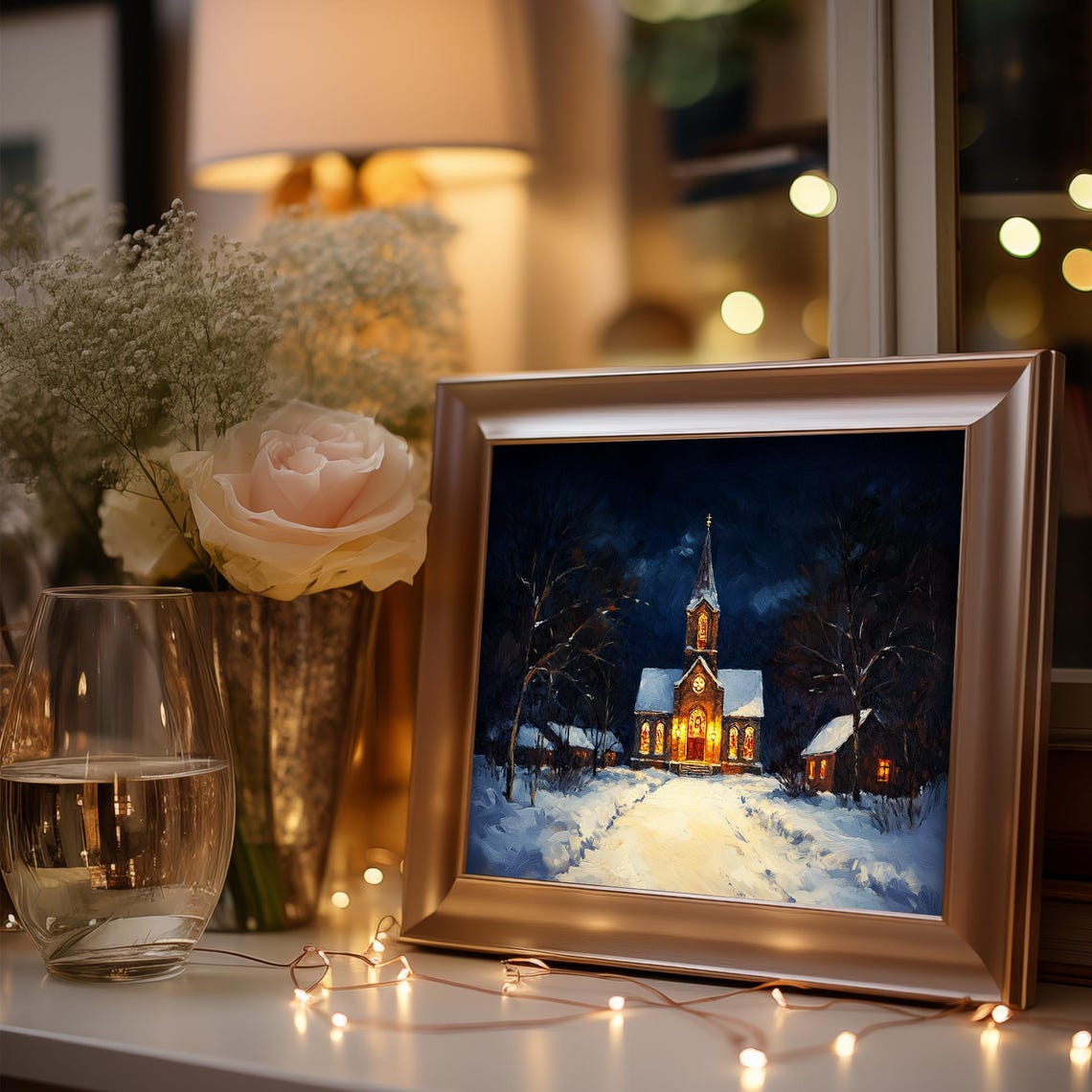 Snow Covered Church Glowing Warm at Night in a Winter Forest Poster - Image 3