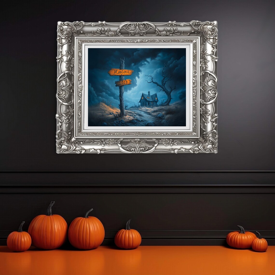 Spooky Hollow 2023 Wooden Signpost Pointing to a Haunted Cottage Poster - Image 3