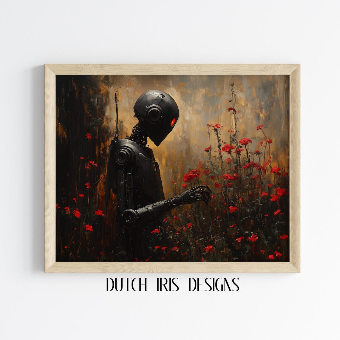 Dark Robot with a Red Eye Standing in a Field of Red Poppies Poster