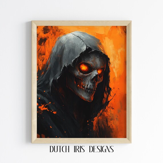 Grim Reaper Hooded Skull With Glowing Eyes Dark Halloween Poster