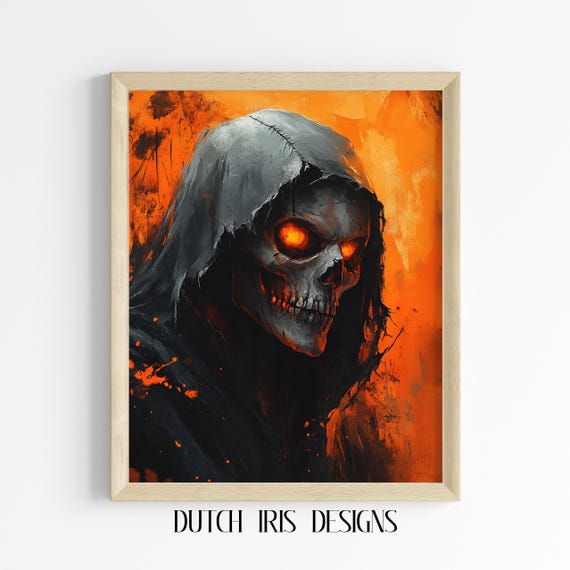 Grim Reaper Portrait Wall Art Dark Fantasy Decor Moody Gothic Print Halloween Skeleton Autumn 432