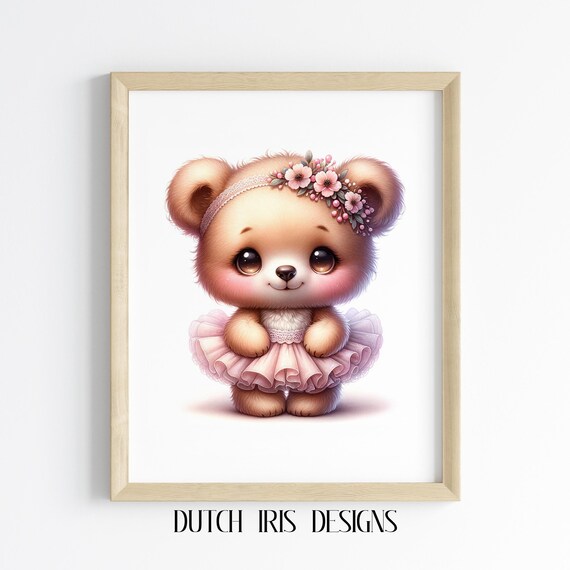 Adorable Baby Bear In Pink Tutu With Floral Headband Nursery Art Poster