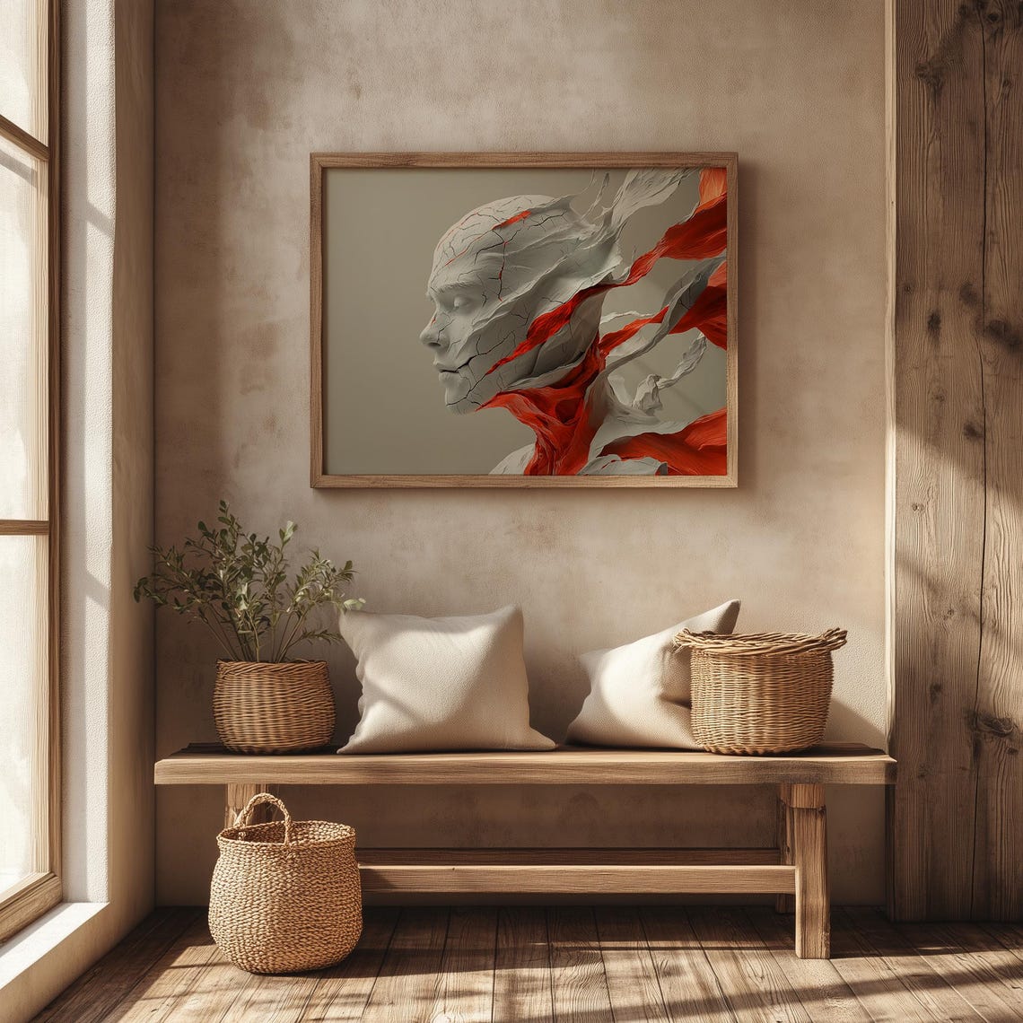 Cracked Marble Humanoid Profile With Flowing Crimson Fabric Art Poster - Image 4