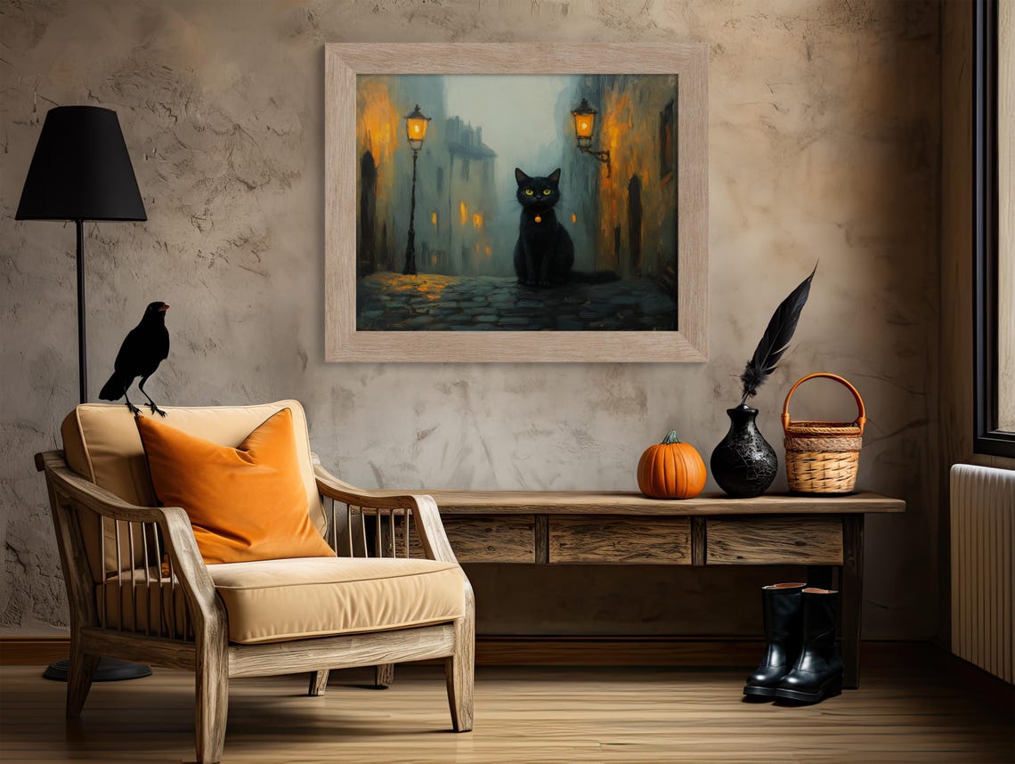 Black Cat On Foggy Street Under Glowing Lanterns Moody Night Poster - Image 4