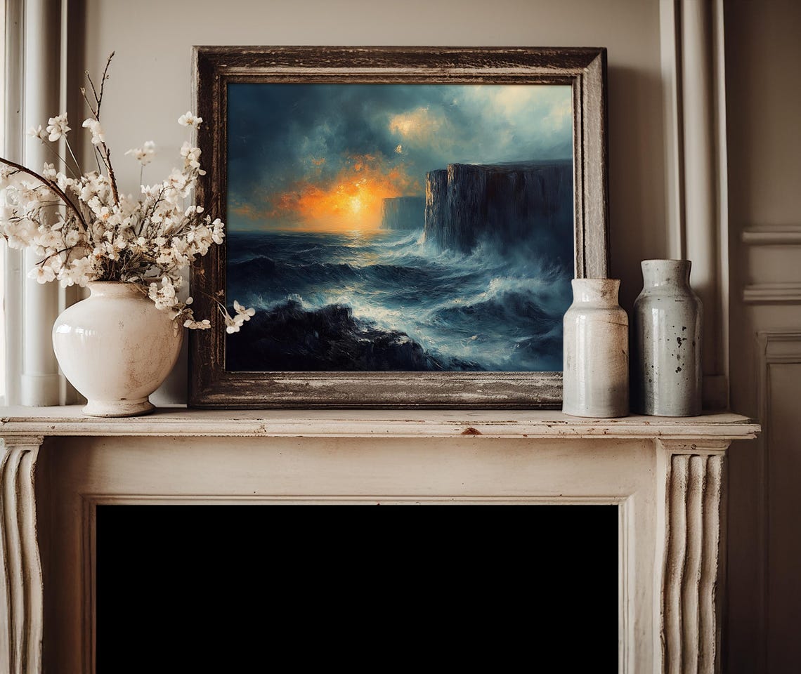 Stormy Seascape With Towering Cliffs At Sunset Moody Ocean Poster - Image 4