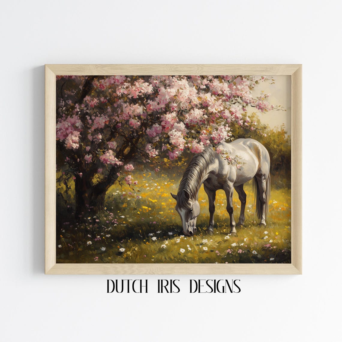 White Horse Under Blossom Tree Spring Meadow Oil Painting Poster