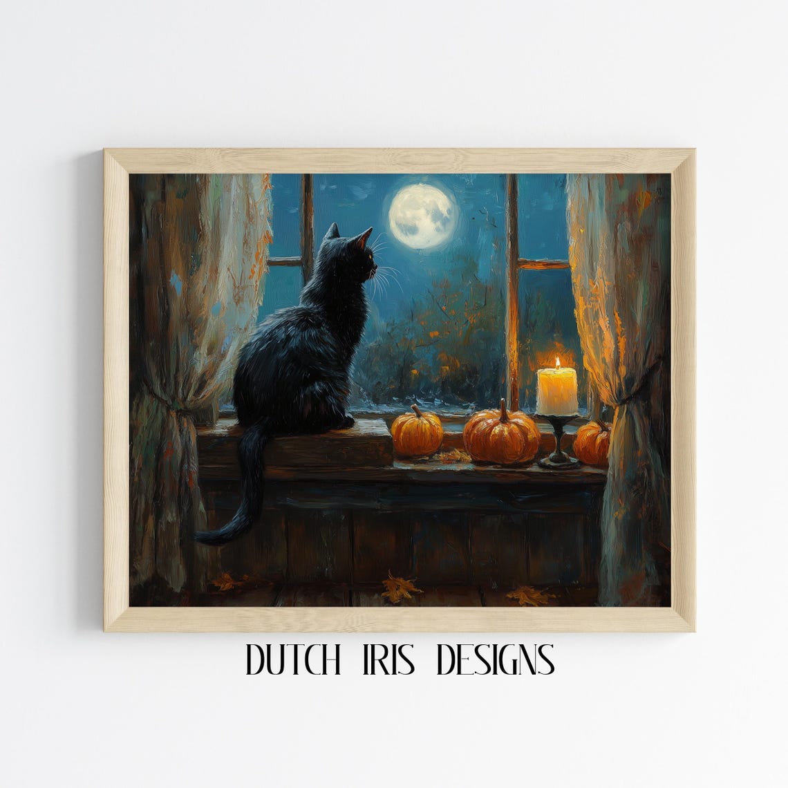 Black Cat On Windowsill Watching Full Moon Pumpkins Candle Poster