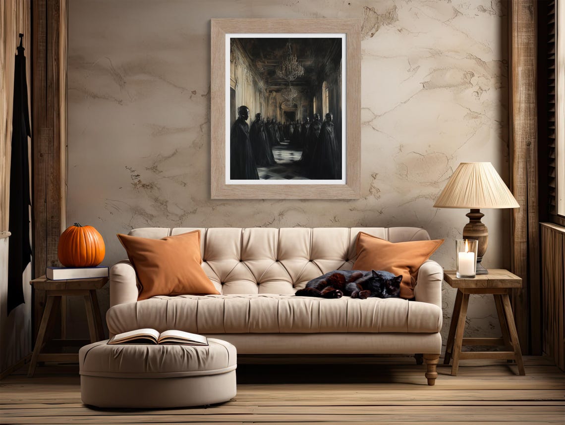 Masked Figures In Dark Grand Hall With Chandeliers Gothic Poster - Image 2
