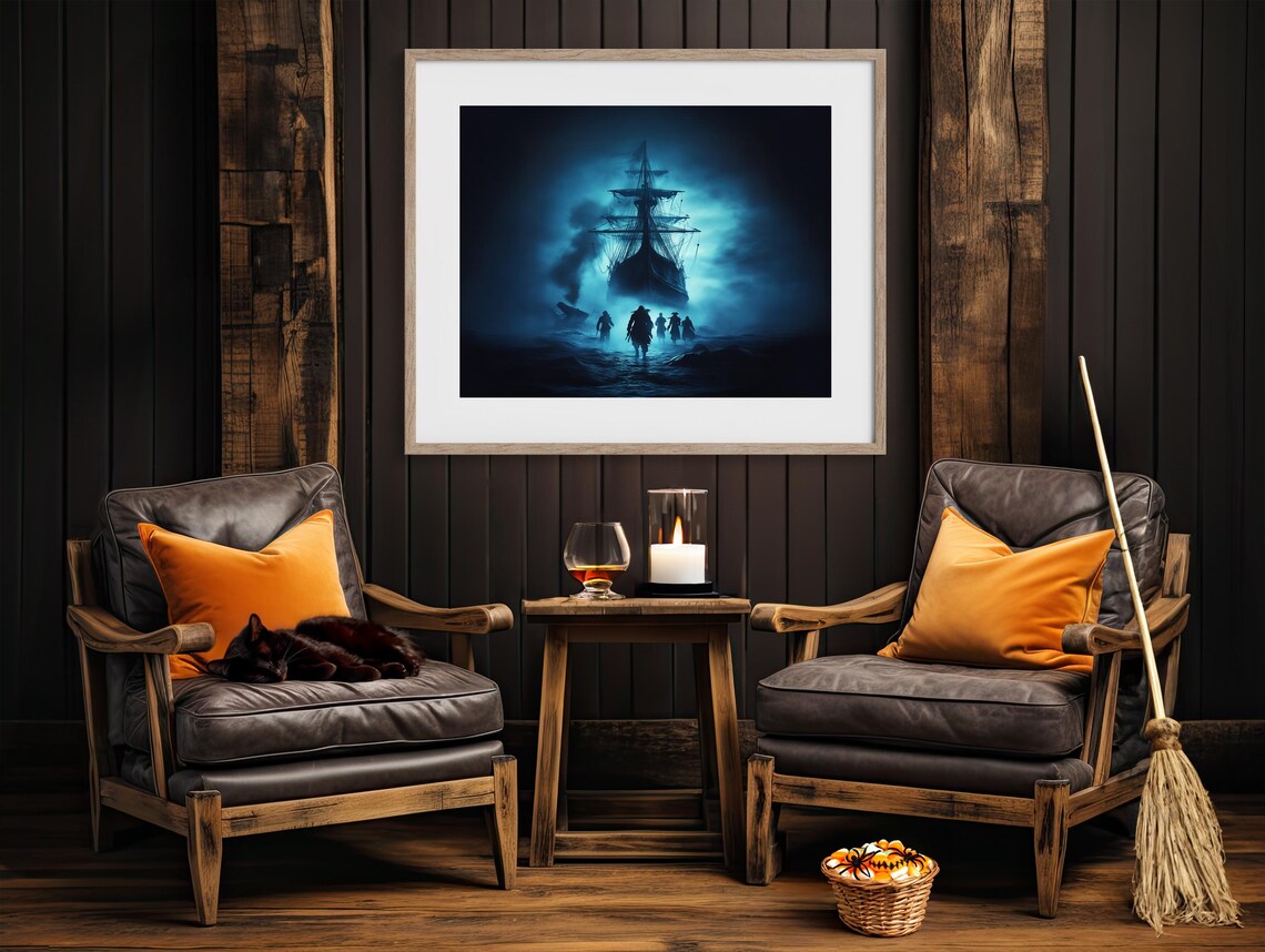 Ghost Pirate Ship on a Foggy Moonlit Sea with Pirate Silhouettes Poster - Image 4