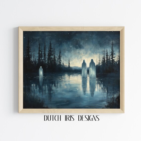 Ghostly Figures Standing In Starry Night Lake Pine Forest Poster