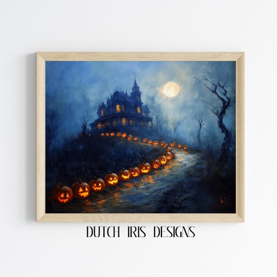 Haunted Victorian Mansion With Jackolantern Path Spooky Halloween Night Foggy Landscape Wall Art Moody Decor 449