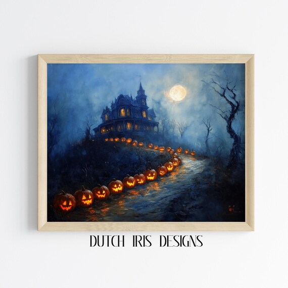 Victorian Mansion With Jack O Lantern Path Under Full Moon Poster