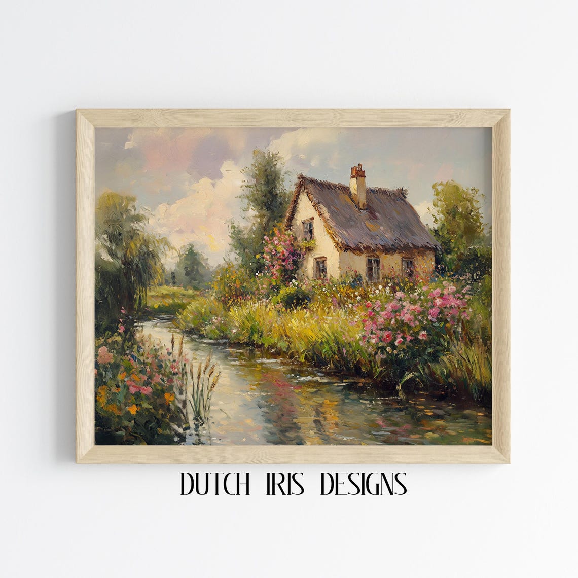 Thatched Cottage By Stream Wildflower Garden Rustic Landscape Poster