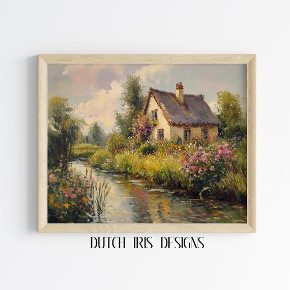 Rustic Cottage By Stream Painting Landscape Wall Art Quaint Thatch House Countryside Decor Vintage Nature Scene Print 567