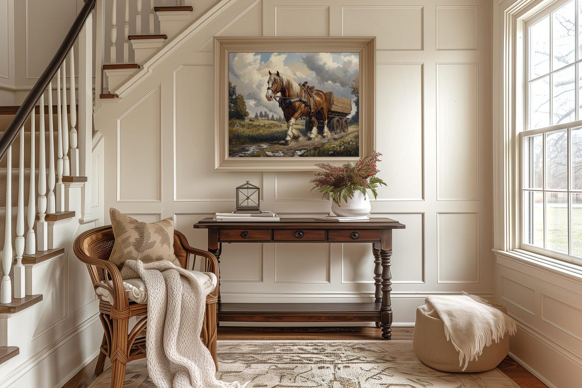 Draft Horse Pulling Wooden Wagon On Muddy Country Road Poster - Image 2