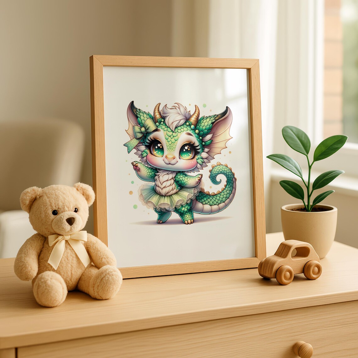 Whimsical Baby Dragon In Green Tutu And Bow Fantasy Nursery Art Poster - Image 3