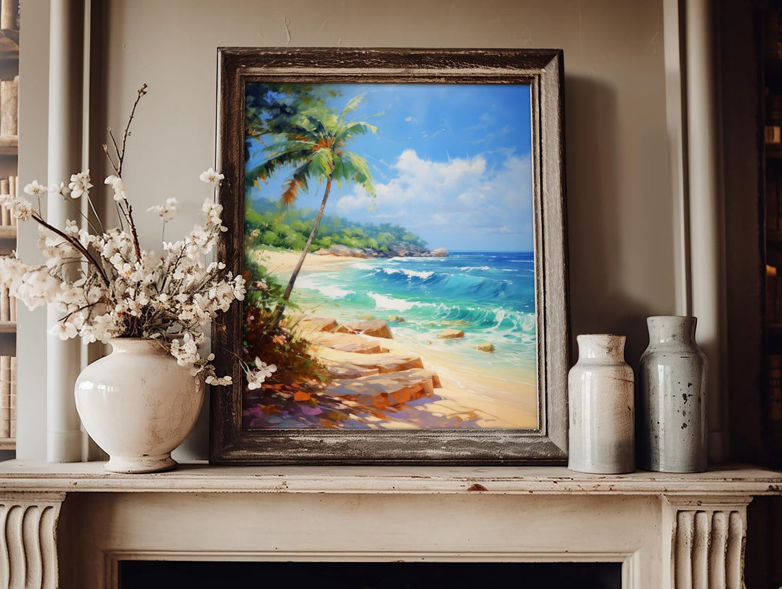 Tropical Beach With Palm Tree And Turquoise Waves Coastal Poster - Image 3