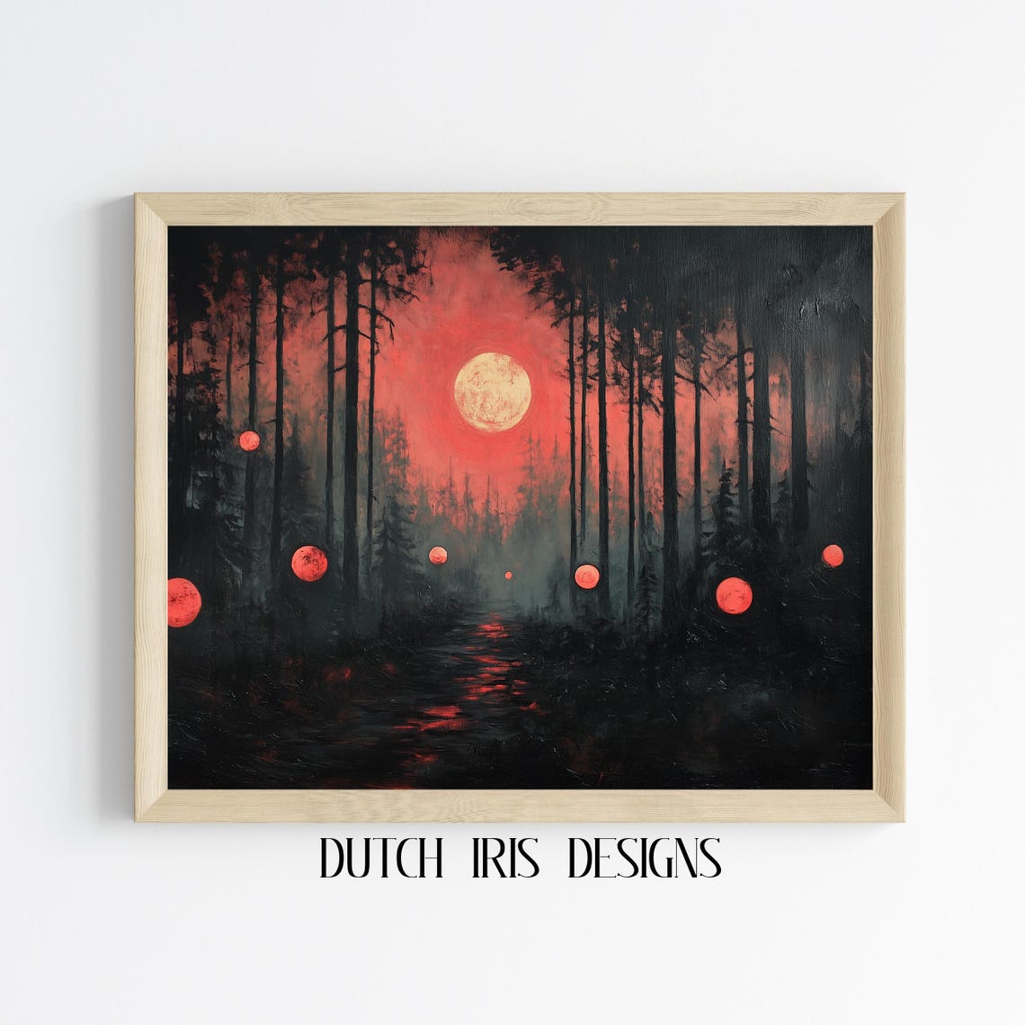 Mystic Forest with Glowing Red Orbs Under a Blood Red Full Moon Poster