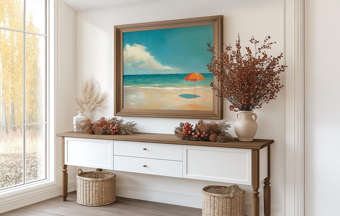 Orange Umbrella On Quiet Beach With Turquoise Sea Minimal Summer Poster - Image 3