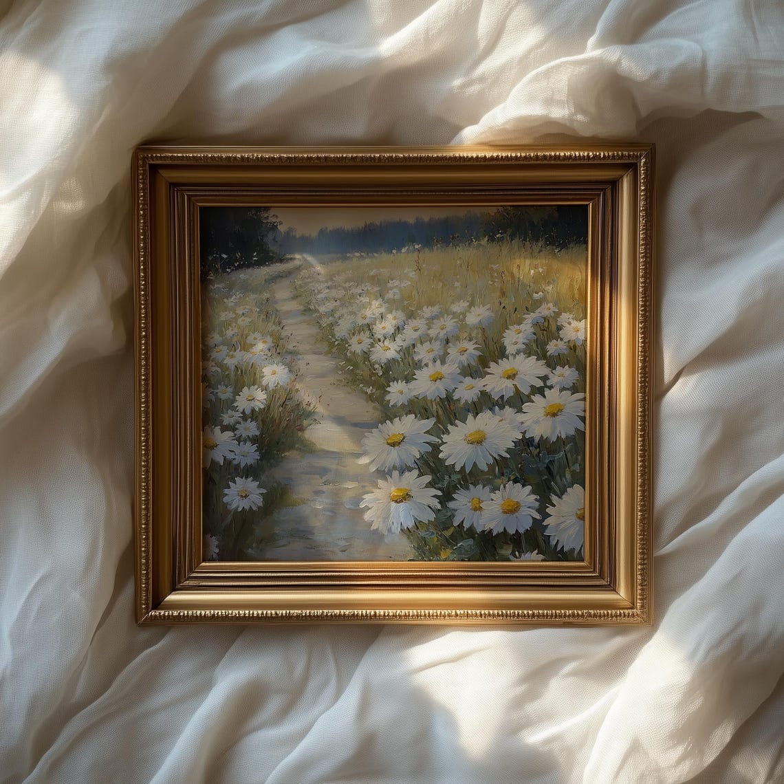 Sunlit Country Path Lined With White Daisies Pastoral Oil Art Poster - Image 2